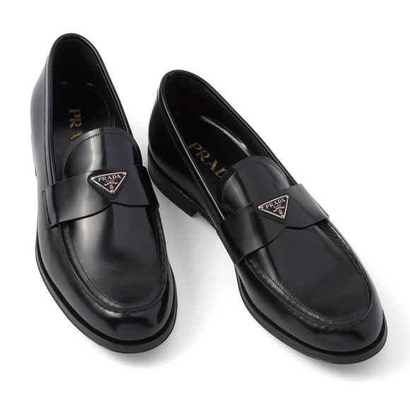Prada Black Brushed Leather Triangle Logo Classic Loafer SlipOn Flat UK 12 US 13 main image 3